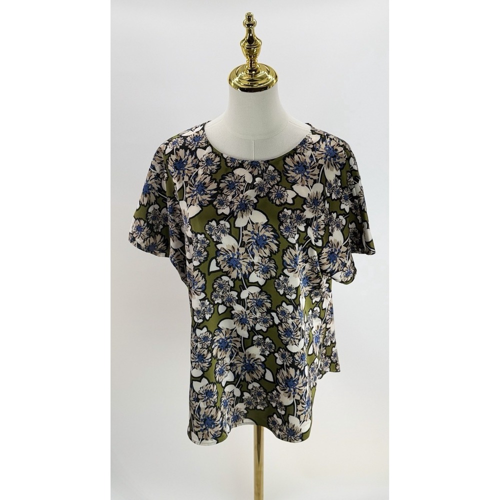 Anne Klein Women's Pull-On Floral Short-Sleeve Satin Top Bay Leaf Green Medium M